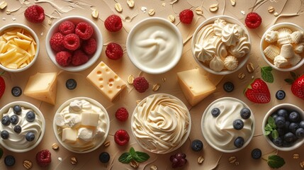 This seamless pattern shows dairy products such as milk, cheese, yogurt, endless food with ice cream, butter, cream, in repeating shapes. It can be used in textile design, wrapping, and fabric