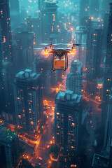 Modern drone with a small package hovers against a sleek smart city skyline muted sunset tones reflecting on polished buildings , 3d illusrtation