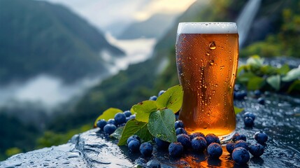 Tall Glass of Blueberry Beer stands on a rough, natural stone table, against the backdrop of a breathtaking mountain range under a clear blue sky. Copy space. AI Generated