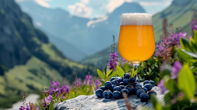 Tall Glass of Blueberry Beer stands on a rough, natural stone table, against the backdrop of a breathtaking mountain range under a clear blue sky. Copy space. AI Generated