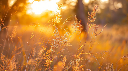 Dry yellow grass in a forest at sunset. Plants swaying