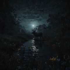 A big magical deer is standing alone by a big tree in the dark forest.