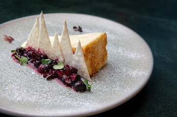Luscious cheesecake slice, berry compote, crisp meringue peaks; a symphony for the senses....