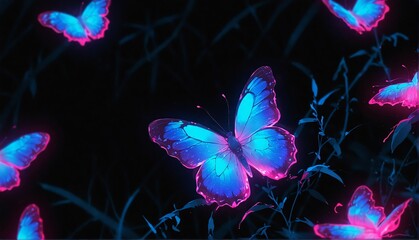 blue neon light glowing butterfly on plain black background from Generative AI