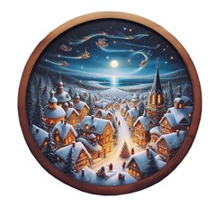 Storybook cityscape, Christmas atmosphere, under snow, in a round wooden frame on transparent background - obrazy, fototapety, plakaty