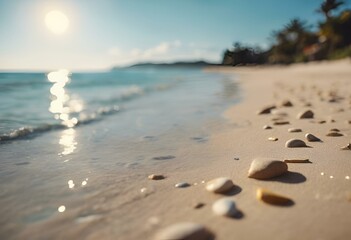 AI generated illustration of a sunny beach with rocks, and sunlight under a blue sky