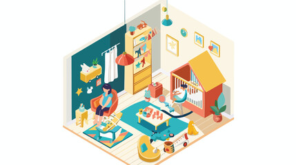 Baby room isometric. colorful composition with nursery