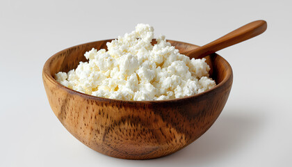 Bowl and spoon with delicious cottage cheese on a white background