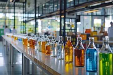 Row of Liquid-Filled Bottles on Table