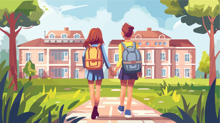 Obraz na płótnie Canvas Back to school. Girl and boy with backpacks hold hand