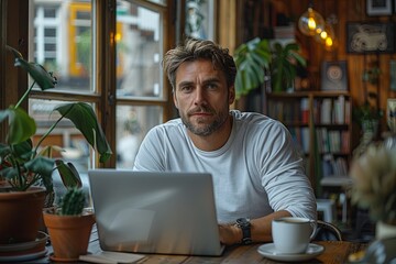 portrait of a man working with a computer in a cafe
