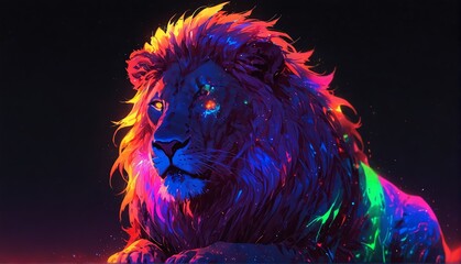 colorful neon light glowing lion on plain black background from Generative AI