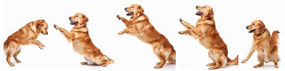 A golden retriever dog is depicted in various poses and expressions, happy with its mouth open, standing on its hind legs, jumping, and sitting on a white background.