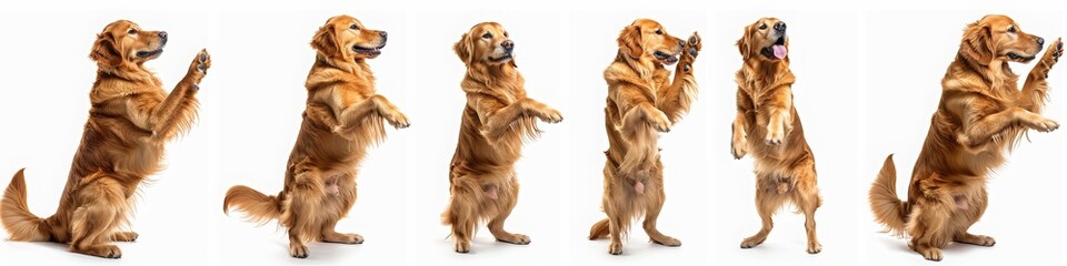 A golden retriever dog is depicted in various poses and expressions, happy with its mouth open, standing on its hind legs, jumping, and sitting on a white background.