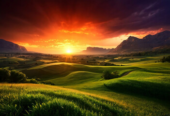 Beautiful cinematic sunset in a hilly valley with mountains, dramatic cloudy sky, countryside landscape