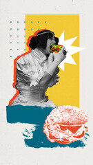 Poster. Man dressed as woman eating street food, delicious hamburger against abstract colorful...