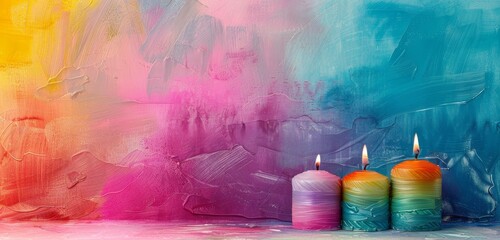 Candles with a rainbow-hued painted background.