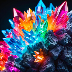 Cluster of colorful fantasy glowing crystals on black background