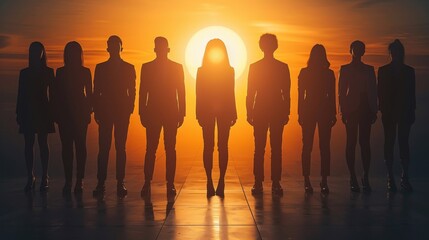 A group of people standing in a row with the sun setting behind them.