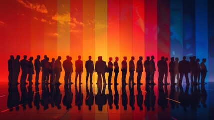 A group of people standing in front of a rainbow-colored background.