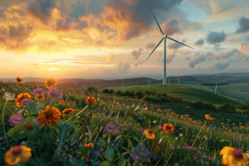 Field of Flowers With Wind Turbine in Background