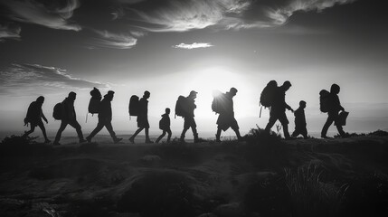 Fototapeta premium A group of people walking in a single file on a ridge at sunset.
