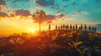 A group of people walking towards a tree at sunset.