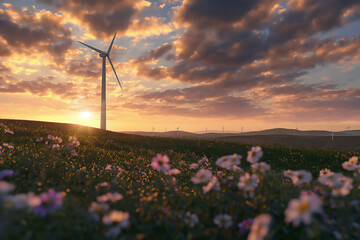 Wind Turbine in Field of Flowers at Sunset