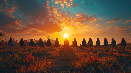 A group of women are sitting in a field, watching the sunset. - obrazy, fototapety, plakaty