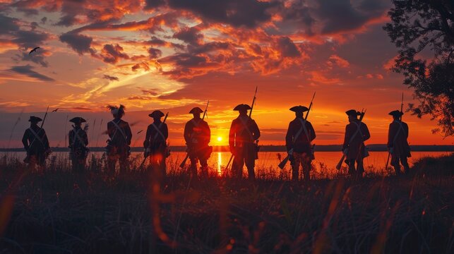 A group of soldiers standing in a field at sunset.