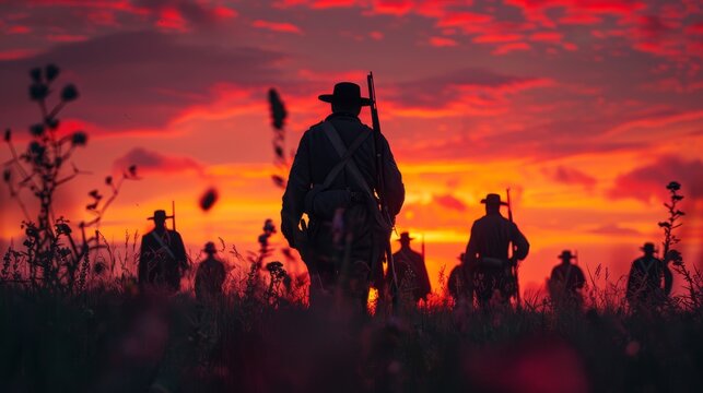 A group of soldiers walk through a field of tall grass at sunset.