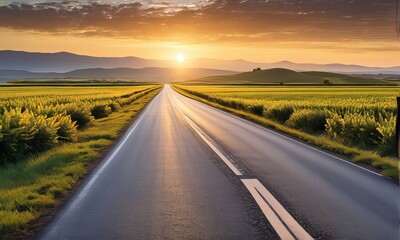 Naklejka premium Deserted road in the village at sunrise, embodying the idea of starting a new journey of ascension.