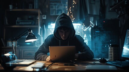 A hacker in a dark room wearing a hoodie is sitting at a desk looking at a laptop. - obrazy, fototapety, plakaty