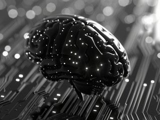 A monochrome photograph depicting a brain on a motherboard, symbolizing the fusion of technology and biological processes