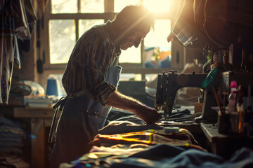 Man Sewing on a Machine in a Room
