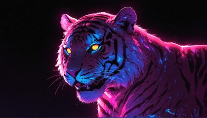 pink neon light glowing tiger on plain black background from Generative AI