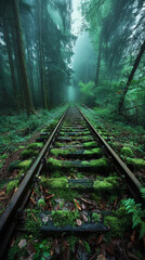 Obraz premium Abandoned railway tracks in forest, covered with leaves and moss. Mystical landscape. Adventure travel. Generative AI