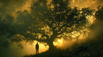 A large tree with a man standing in front of it.