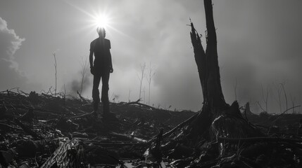 A lone figure stands in a desolate, post-apocalyptic landscape. - obrazy, fototapety, plakaty