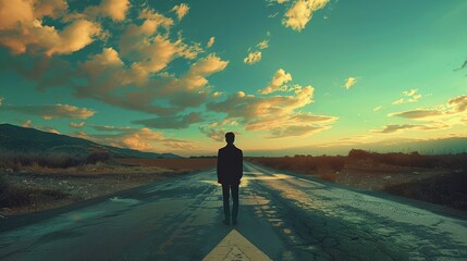 A lone figure stands on an empty road, looking out at a vast field under a cloudy sky.
