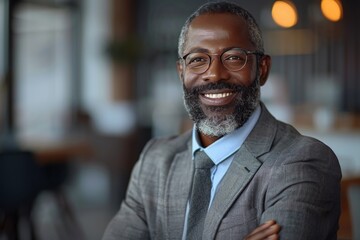 Professional portrait of a happy bearded man with spectacles and a warm smile, dressed in smart business attire