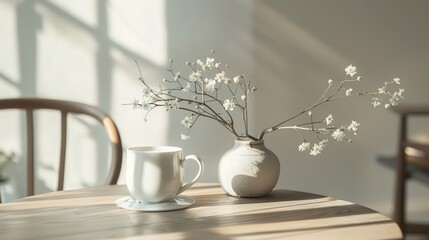 Decorative ceramic vases flower interior decoration on wooden table, vintage tone scandinavian house style.