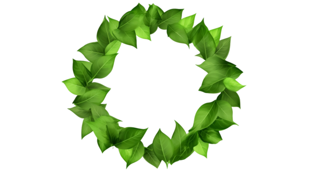 Lush green goliage in circular formation isolated on transparent background. Wreath from Green leaves.


