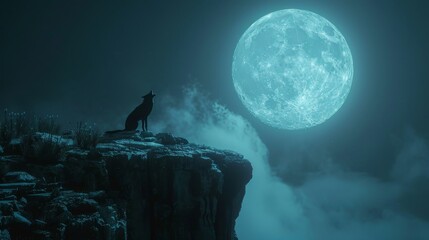 A lone wolf howls at a blue moon