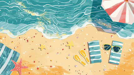 Beach from above view with an umbrella beach towel - obrazy, fototapety, plakaty