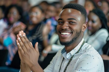Enthusiastic young man clapping and smiling at an event surrounded by a diverse audience