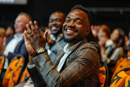 Audience member showing enthusiasm and joy while clapping at a conference or seminar event with others around him