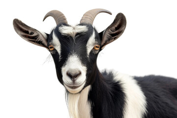 An alluring black and white goat with long horns