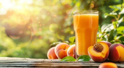 Peach smoothie in glass with fresh peaches on wooden table against blurred background of nature summer garden. Space for text.