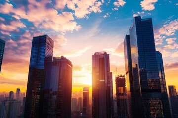 City Skyline at Sunset, With Skyscrapers Silhouetted Against The Colorful Sky and Golden Light Reflecting off Glass Facades, Generative AI - Powered by Adobe